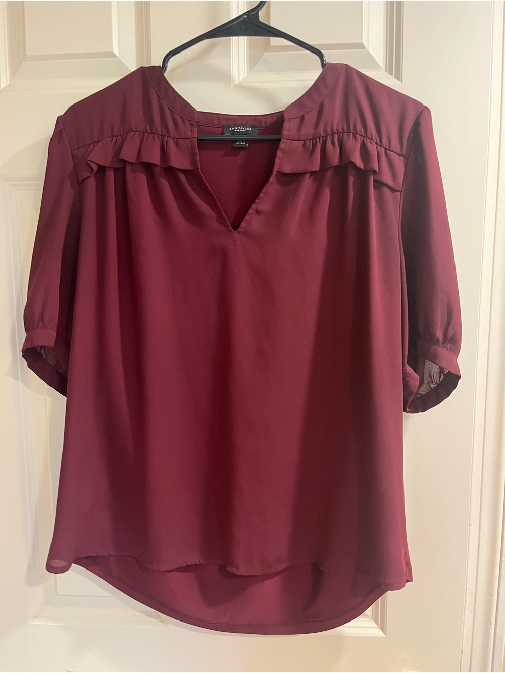 Ann Taylor Factory Burgundy Ruffle Yoke V-Neck Blouse